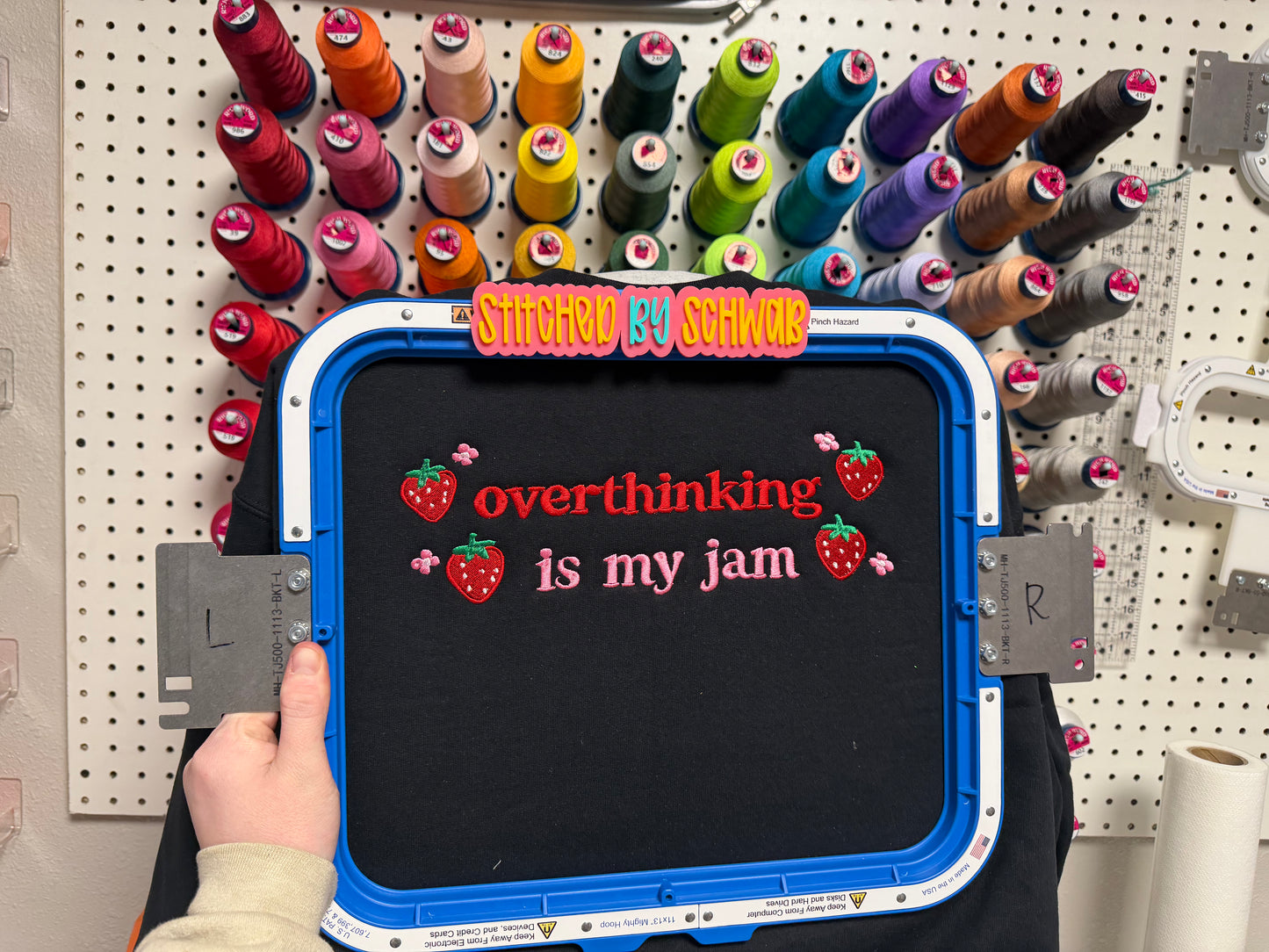 Overthinking Is My Jam Embroidered Strawberry Sweatshirt
