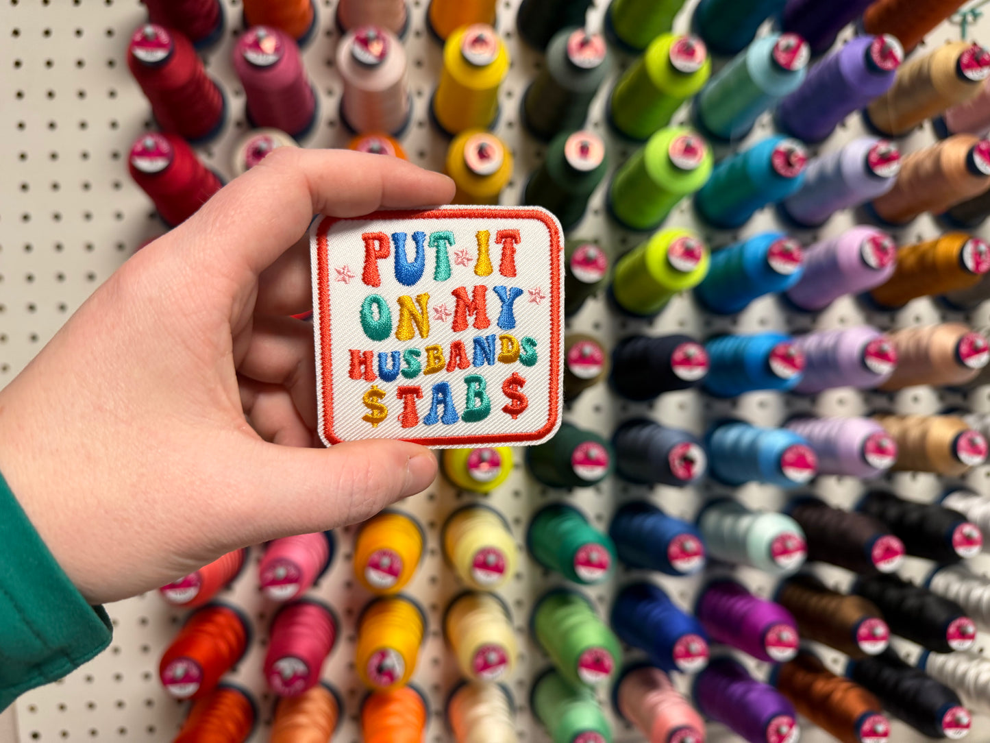 Put It On My Husband’s Tabs Embroidered Iron-On Patch