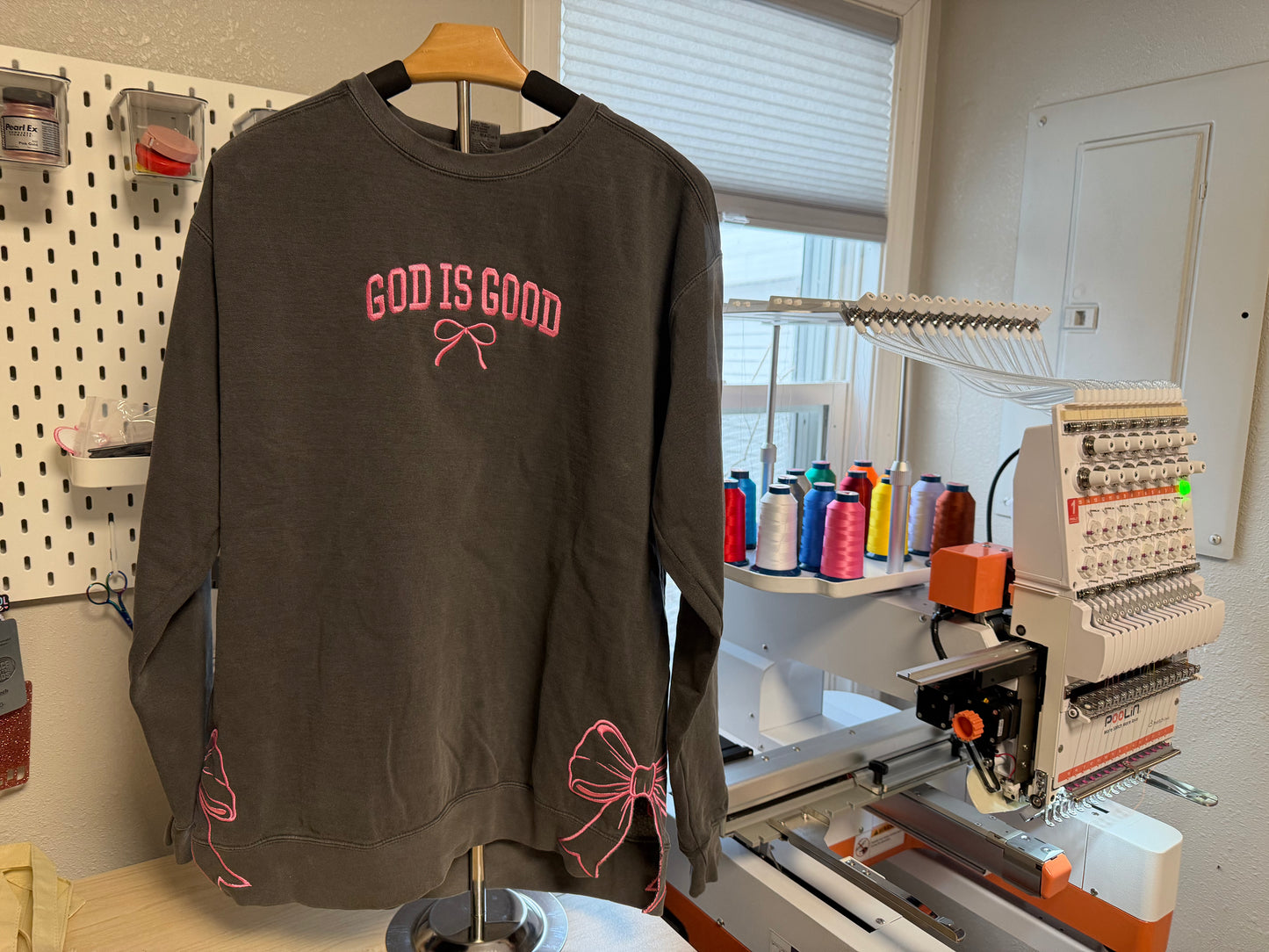 God Is Good Embroidered Sweatshirt with Pink Bow Hip Details