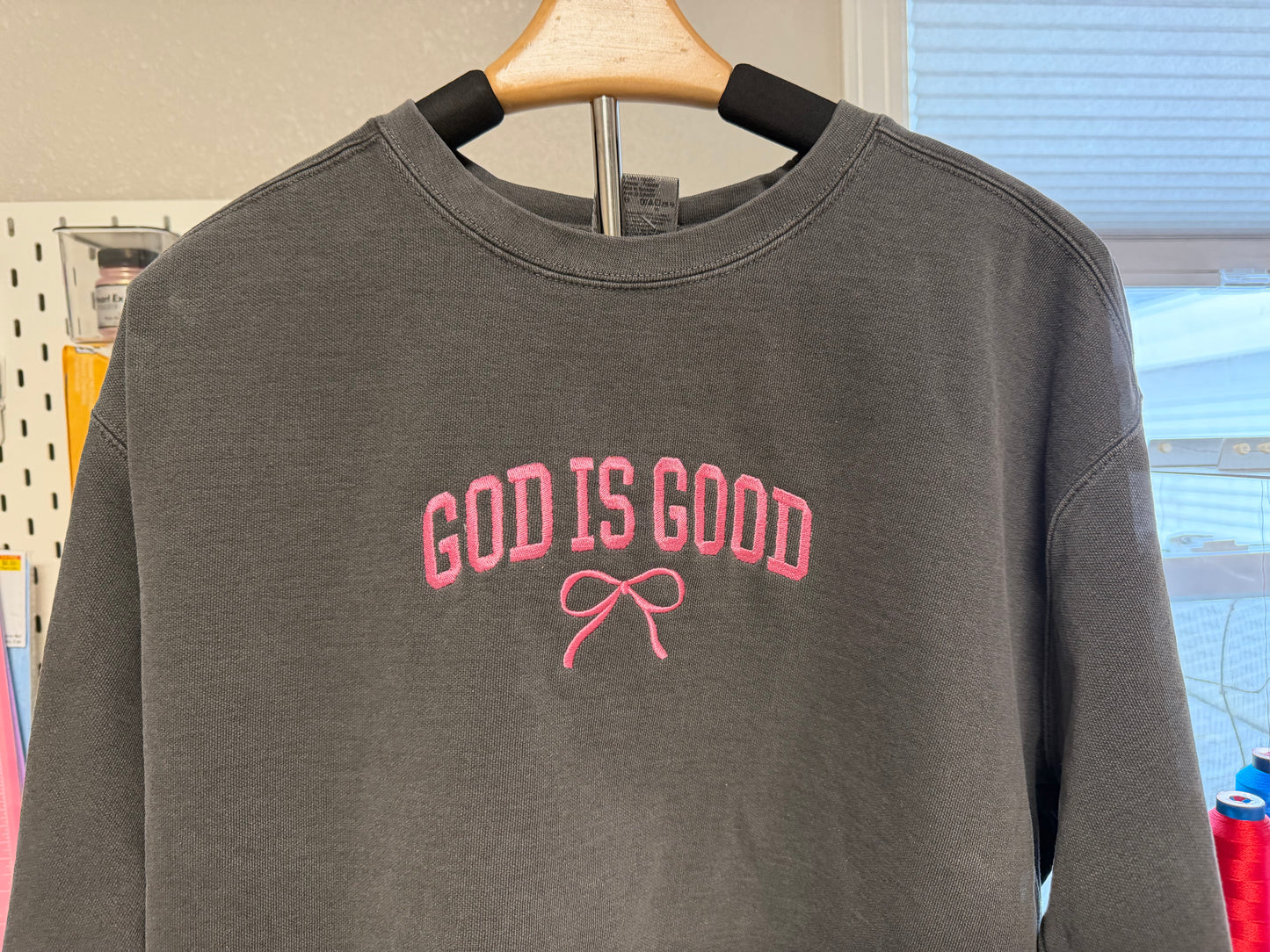 God Is Good Embroidered Sweatshirt with Pink Bow Hip Details