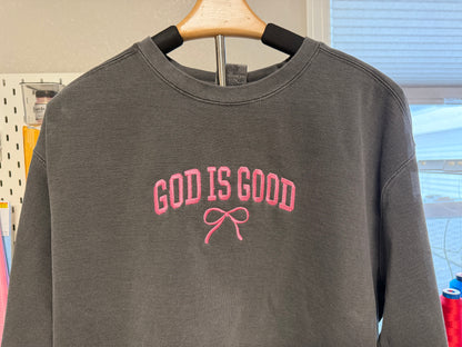 God Is Good Embroidered Sweatshirt with Pink Bow Hip Details