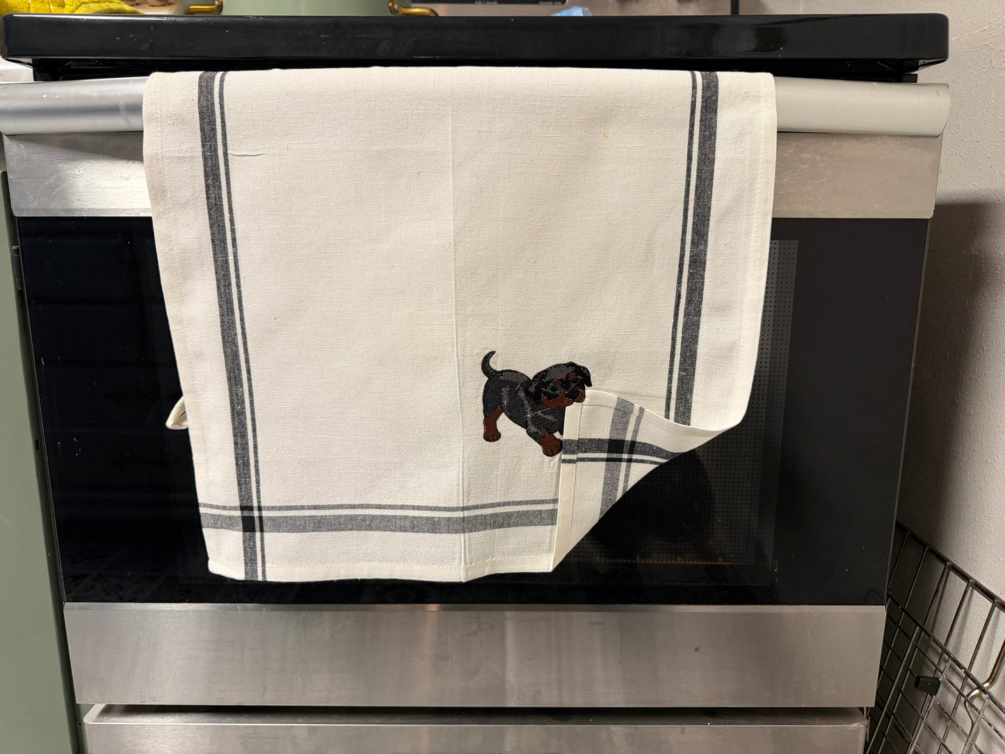 Embroidered Puppy “Tugging Towel” Kitchen Towel