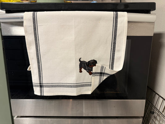 Embroidered Puppy “Tugging Towel” Kitchen Towel