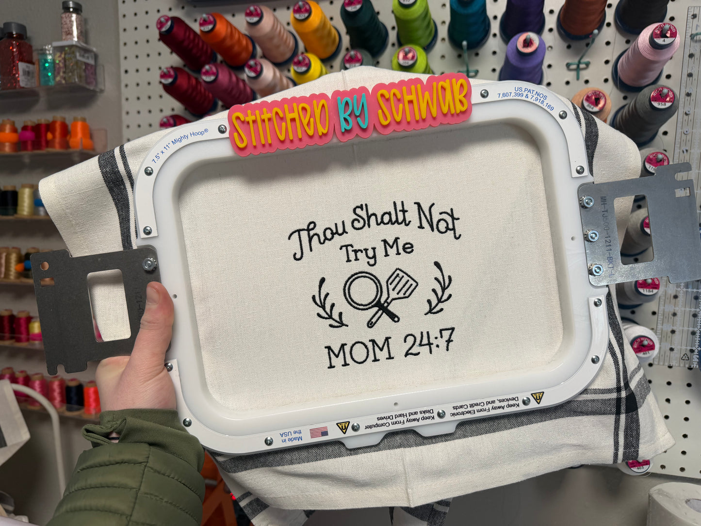 Thou Shalt Not Try Me – Mom 24:7 Embroidered Kitchen Towel