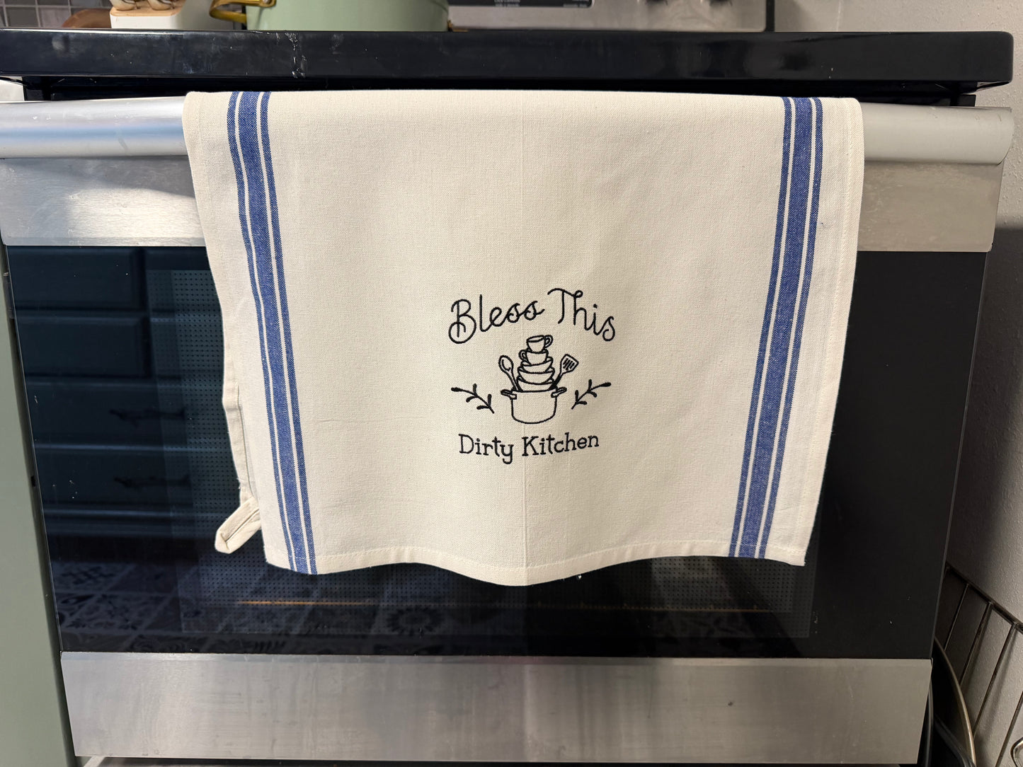 Bless This Dirty Kitchen Embroidered Kitchen Towel