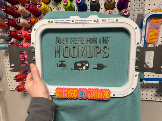 Just Here for the Hookups Camping Embroidered Tee