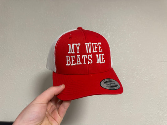 “My Wife Beats Me” Embroidered Trucker Hat - Red/White